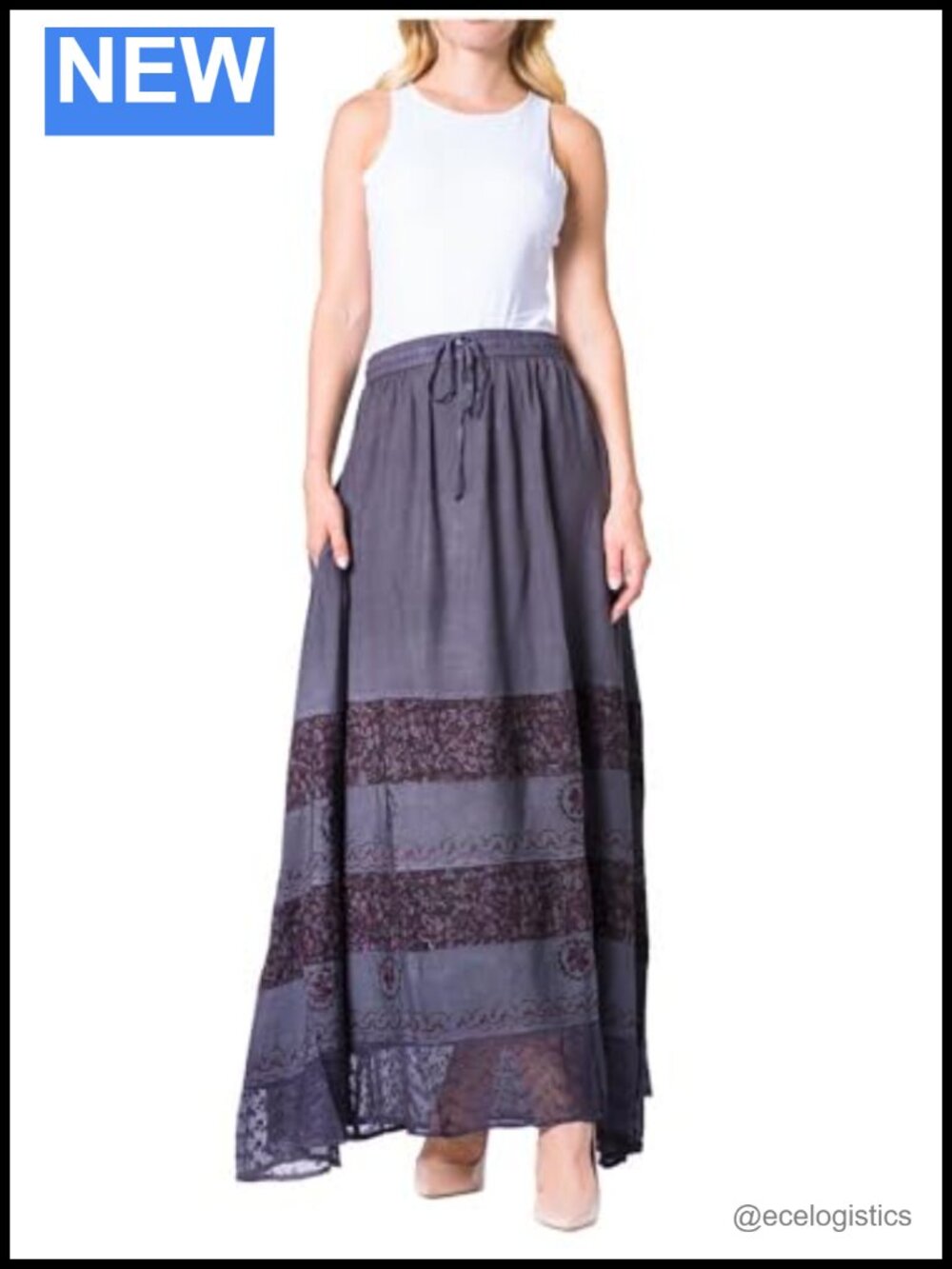 Sakkas Sandra Maxi Skirt 100% Rayon Elastic Waist Pockets A-Line Boho Casual